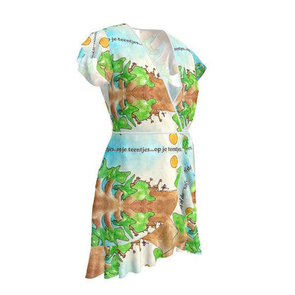 Overslagjurk. Design:  Aquarel 'Op je teentjes' van kunstenares Yolande Weerdenburg.