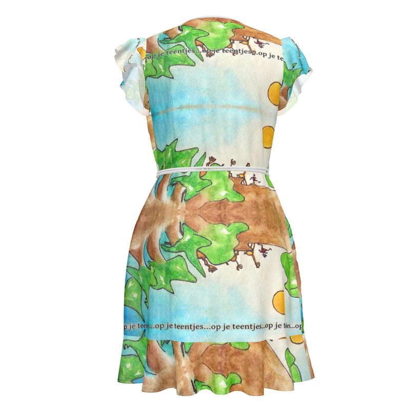 Overslagjurk. Design:  Aquarel 'Op je teentjes' van kunstenares Yolande Weerdenburg.