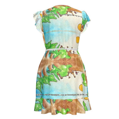 Overslagjurk. Design:  Aquarel 'Op je teentjes' van kunstenares Yolande Weerdenburg.