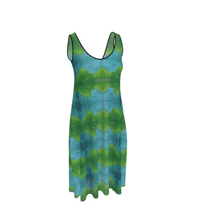 OK260. Mouwloze Midi Jurk: Fiets. Blauw Groen.