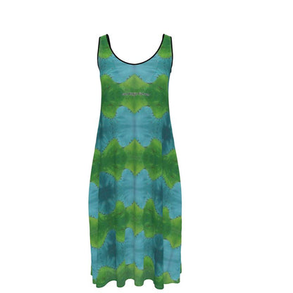 OK260. Mouwloze Midi Jurk: Fiets. Blauw Groen.