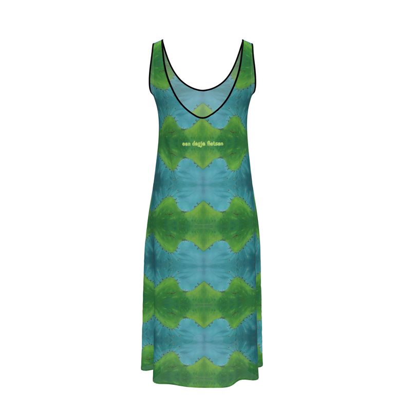 OK260. Mouwloze Midi Jurk: Fiets. Blauw Groen.