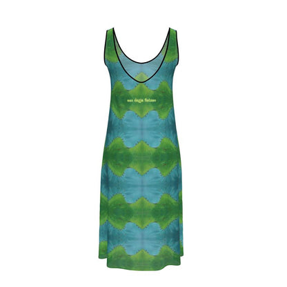 OK260. Mouwloze Midi Jurk: Fiets. Blauw Groen.