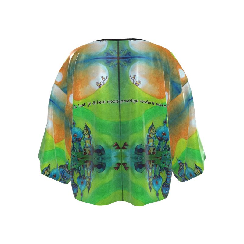 Ok294. Kimono Jacket met tekst. M.100%zijdesatijn.