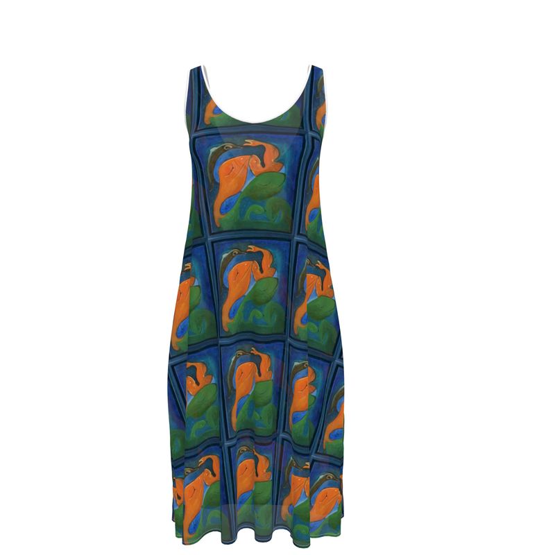 OK265. Mouwloze Midi Jurk. Visjes en Dolfijnen. ID:3067.