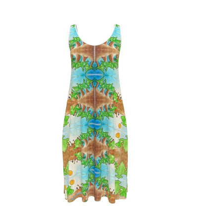 Mouwloze midi-jurk. Design: Aquarel ' Op je teentjes' van kunstenares Yolande Weerdenburg.