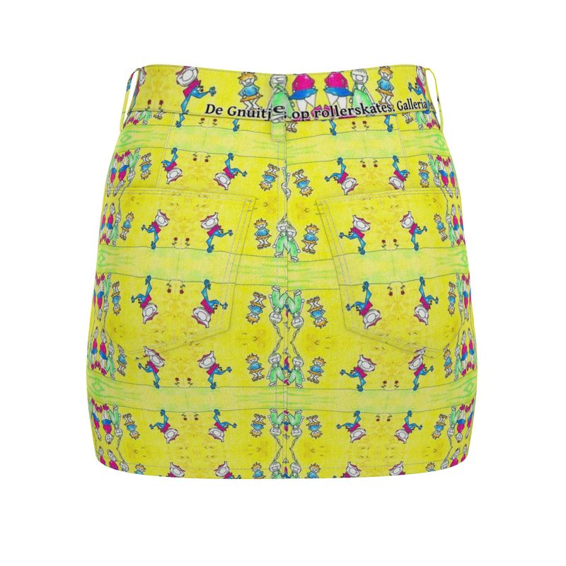 Aqp444. Denim Mini Rok: De Gnuitjes op rollerskates.